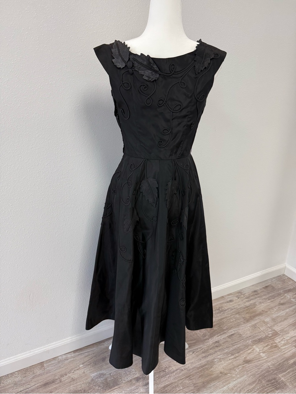 Vintage 1950’s Black Midi Dress with Leaf Applique Detail